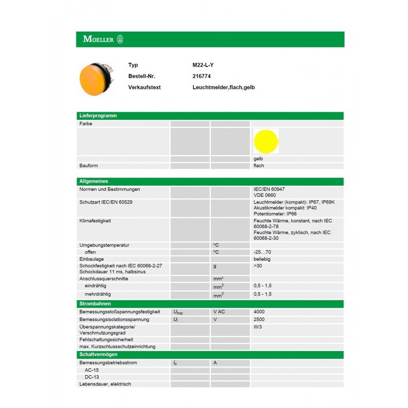 LEUCHTMELDERVORSATZ M22-L-Y FLACH YELLOW