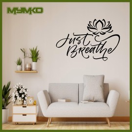 MYMKO Just Breathe Lotus Size 13x21'', UV DTF Wall Car Mirror Decal, Peel and Stick Wall Art Decal for Living Room Bedroom Kitchen TV Wall, Meditation Yoga Pilates Quote Wall Stickers Decor