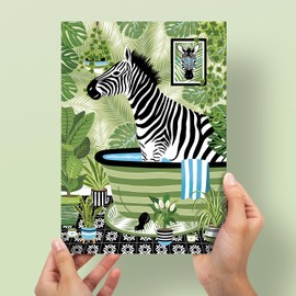 Parmaro Zebra in Bathroom Print, Zebra in Bath Print, A4 UNFRAMED Print, Animal in Bathroom Print, Green Botanical Print, Print Tropical Bathroom Decor