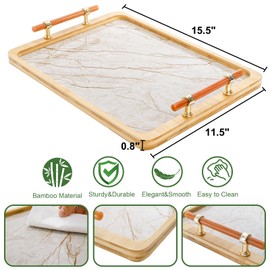 DEAYOU Bamboo Serving Tray with Handles, Decorative Ottoman Tray with Marble Pattern, Large Serving Platter for Coffee Table, Breakfast, Dinner, Perfume, Living Room, 15.5" x 11.5", Rectangle