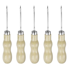 HARFINGTON 5pcs Handwork Sewing Awl Double Gourd Hollow Awl Leather Punch Hole Tool with Wooden Handle Scratch for Broken Wire Make Mark Drilling Stitching Repair and DIY Handmade, Log Color
