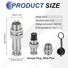 MECCANIXITY 3Pcs 2 Pin GX12 Aviation Connector 125V 5A 16mm Socket Metal Circular Plug Connector with Male Female Plug for Trailers, Drones, Industrial Equipment, Silver