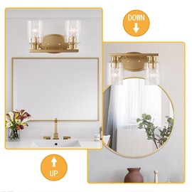 Bathroom Vanity Light Fixtures Over Mirror, Seeded Hammered Glass Bathroom Vanity Light, 2 Light Brushed Gold Bathroom Light Fixtures with Clear Glass, Modern Rustproof Vanity Light Wall Mount
