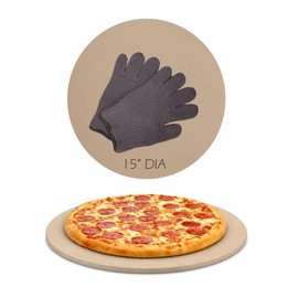 Maverick Pizza Stone with Gloves for Grill Oven 15 Inch Round Baking Stone Heavy Duty Bread Cooking Pan Thermal Shock Resistant Ideal for Making Crisp Crust Pizza Bread and More
