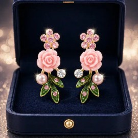 Aretes Plata 925 Oro 14k Rosa Flor Perla Zirconia Mujer Full