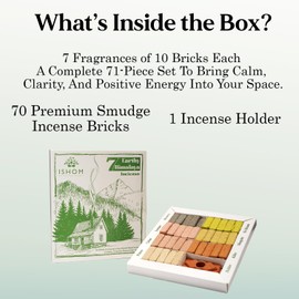 ISHOM | 7 Earthy Himalaya Smudge Incense Bricks|Pinon,Cedar,Juniper,Hickory,Alder, Mesquite and Fir Balsam|7 Fragrances of 10 Bricks Each| 70 Bricks+1 Holder
