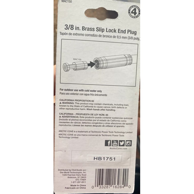 Arctic cove brass 3/8 slip lock end plug mac150 new