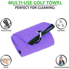 Aebor Golf Towels, Microfiber Waffle Pattern Tri-fold Golf Towel - Brush Tool Kit with Club Groove Cleaner, with Clip Men Women Golf Gifts (Purple Towel+Black Brush)