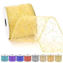 Tanstic 2.5 Inch x 10 Yards Gold Swirl Glitter Wired Band Organza Sheer Ribbon with Glitter Swirl Pattern and Metallic Edge for Tree Decoration Gift Packaging