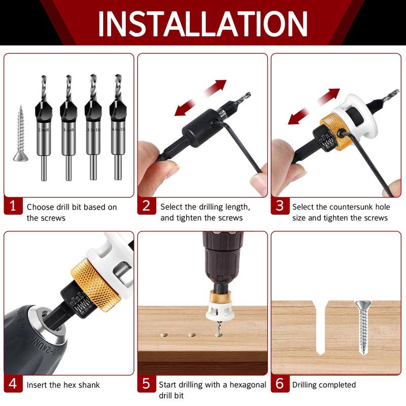 SUPAWAY 6-Piece Countersink Drill Bit Set, 8 mm Round Shank,
