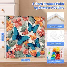 MOGTAA Framed Paint by Numbers for Adults Children Beginners, 4 Pack Butterfly Paint by Numbers for Adults, Kids' Painting by Numbers, Animal DIY Oil Painting Kits for Home Decor (8x8inch)