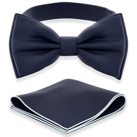 Adam Young Men's Navy Blue Bow Tie with Handkerchief Set Pre-Tied Style Formal Satin Classic Bowtie for Tuxedo Faux Silk (Large, Navy Blue)