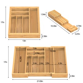 Thalomely Bamboo Kitchen Drawer Organizer, Expandable Utensil Organizer with Removable Knife Block, Cutlery Tray Holder with Divider,Adjustable Silverware Organizer