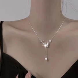 Aneneiceera Vintage Butterfly Pearl Pendant Necklace Silver Pearl Y Drop Necklace Crystal Butterfly Choker Necklace Cz Pearl Tassel Necklace Chain Jewelry for Women and Girls