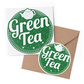 1 x Greeting Card & 10 cm Round Sticker Set - Green Tea Healthy Organic Tea Cup - Birthday Thank You Friend Lover Fan Mum Dad Kids #5171