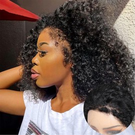 Qmaple 4C Edges Kinky Curly Lace Front Wigs Human Hair 13x4 HD Transparent Lace Frontal Wigs with Curly Edges Baby Hair 250% Density Deep Wave Curly Wig Pre-Plucked Hairline 20Inch