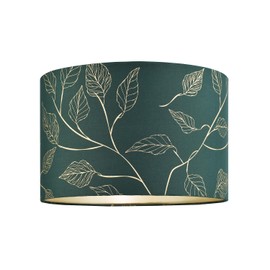 Modern Forest Green Cotton Fabric Drum Lamp Shade with Gold Foil Floral Design | Inner Champagne Faux Silk Satin Fabric Lining | 30cm x 20cm by Happy Homewares