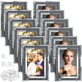 12 Pcs 4 x 6 Inch Picture Frame Set Glitter Glass Photo Frame Mirrored Crystal Silver Picture Frames Bling Wall Table Top Stand Frame with 12 Pcs Nail Hooks for Living Room Bedroom Home Display