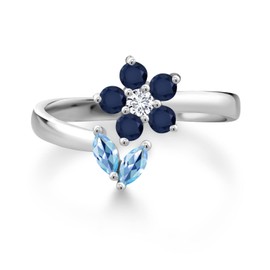 Gem Stone King 925 Silver Swiss Blue Topaz Blue Sapphire and White Lab Grown Diamond Open Flower Ring For Women (0.54 Cttw, Gemstone November Birthstone, Size 7)