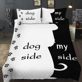 AOXHFNV Bed Linen Set from the Black and White Series Dog Side and My Side Motif Duvet Cover Couple Bedding Set Black White Double Bed (135×200cm, Dog Side)