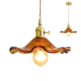 XIRYTU-H 9'' Vintage Lotus Leaf Glass Pendant Light, Adjustable Height Floral Hanging Lamp, E26 Brass Holder, Farmhouse Flower Ceiling Lighting for Kitchen Island, Dining Room, Hallway (Amber)