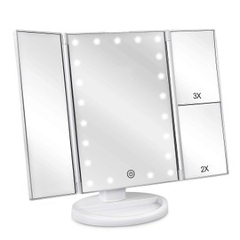 deweisn Floor Mount Tri-Fold Lighted Vanity Mirror with 21 LED Lights, Touch Screen and 3X/2X/1X Magnification, Two Power Supply Modes Make Up Mirror,Travel Mirror