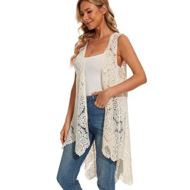 Women's Crochet Boho Lace Floral Vest Boho Sleeveless Kimono Irregular Hem Cardigan Beige