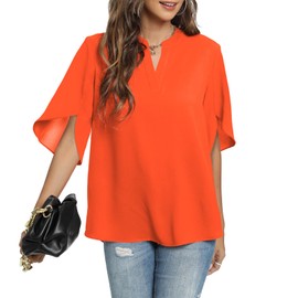 Funlingo Womens Tops Dressy Casual Ladies Tunic Shirts for Leggings Summer Short 3/4 Sleeve Loose Blouse Hide Belly Clothes Orange M