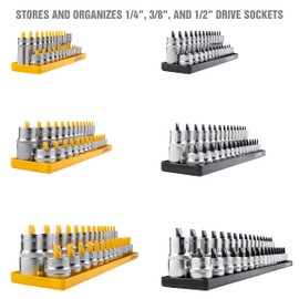 OEMTOOLS 22238 6 Piece SAE and Metric Socket Tray Set, SAE and Metric Socket Storage for Sizes 1/4", 3/8”, and 1/2" Drive, Socket Holders and Socket Organizer Tray for Toolbox, Black and Yellow