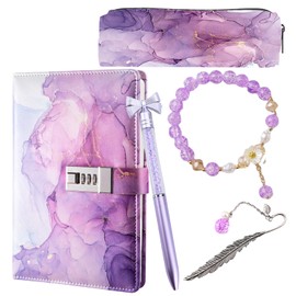 Moerstar Secret Diary for Girls, Girls Diary Gift Set with Pen Pencil Case Bookmark Bracelet, Journal Notebook with Lock for Girls 8 9 10 11 12 13 Year Old (Purple)