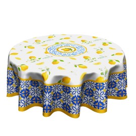 Granbey Lemon Round Tablecloth 60 Inch - Watercolor Floral Lemon Table Cloths Tile Flowers Fruits Table Cover Decorative for Kitchen Dining Room Picnic Party
