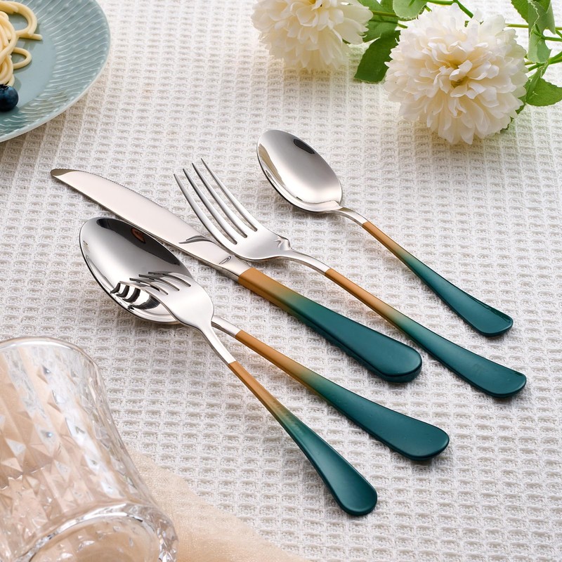 Lekoton 20 Piece Green and Orange 18/0 Flatware Utensil Set