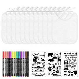 Pack of 12 Bibs for Painting, with 12 Coloured Textile Pens and 3 Painting Stencils, Double-Sided Baby Bibs, White Bibs Painting, Gift for Baby Shower Party DIY (22 x 18 cm), White