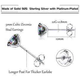 MILACOLATO 925 Sterling Silver CZ Stud Earrings For Women Men, Long Post Cubic Zirconia Aurora Rainbow Stud Earrings, Silver Plated Tiny CZ Sleeper Earring Stud Hypoallergenic Rainbow