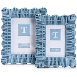 Two's Company Handmade Blue Rattan Photo Frame Set - 4x6 & 5x7 Wooden Boho Picture Frames