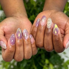 Uñas postizas medianas almendradas, color nude púrpura con acabado cromado holográfico y lámina dorada, elegantes y reutilizables, sin pegamento, 24 u