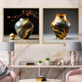DesignQ oversized Bohemian Canvas Framed Wall Decor Set - Large Gold Glorious Wall Art - Golden Art Of Kintsugi Pottery In Japan - 33"x16" - Multipanel Abstract Still Lifes Framed Canvas Set