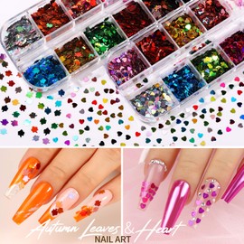 Teenitor Teenitor 12 Sheets Nail Art Sticker 3D Self-Adhesive, Nail Art Decoration with 5 Boxes Holographic Nail Art Glitter Flakes Butterfly Heart Star Maple Leaf Nail Sequins and Nail Art Flower Slices