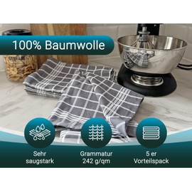 ZOLLNER Set of 5 Tea Towels, 50 x 70 cm, 100% Cotton, Grey/White Checked