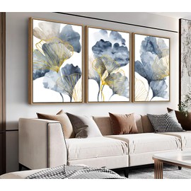 NINEASO Ginkgo Leaf Framed Wall Art – Soft Blue Gold Botanical Canvas Pictures Modern Nature Floral Painting Artwork for Living Room, Office & Home Wall Decor 36 x 24in * 3, Natural Wood Frame