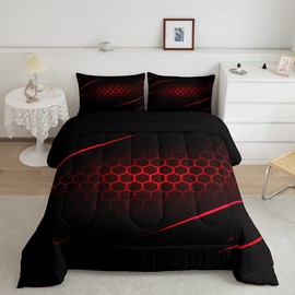 Honeycomb Comforter Hexagonal Print Bedding Set Geometrical Beehive Red Comforter Set for Boys Girls Children Teens Bedroom Decor Geometric Simplistic Duvet Set Twin Size Quilt Set