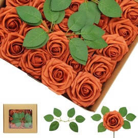 WANTMAZOR 100PCS Artificial Flowers Burnt Orange Roses Real Looking Foam Fake Roses with Leaves and for DIY Wedding Bouquets Bridal Shower Centerpieces Party Decorations (Burnt Orange, 100)