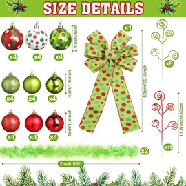 Vercraft 55 Pcs Christmas Tree Ornaments Set Including Red Green Polka Dot Balls Tree Topper Bow Candy Curly Sticks Faux Fur Ribbons for Home Indoor Christmas Party Decor