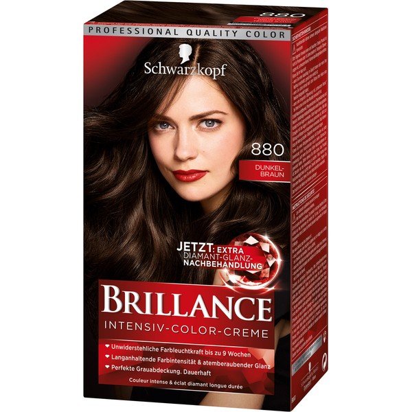 Schwarzkopf Brillance Intensive Colour Cream 880 Dark Brown Level 3 with Extra Diamond Shine Aftercare Pack of 3 x 143 ml