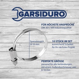 GARSIDURO® DIN3017 Professional Hose Clamps, 8-16 mm, W4, Pack of 10, Made of V2A Stainless Steel, Hose Clamps, Rustproof, in Industrial Quality for Petrol Hoses, Diesel Lines (8-16 mm Diameter)
