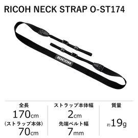 Ricoh NECK STRAP O-ST174 Black Ricoh 2-Point Hanging Neck Strap, Total Length of Strap 66.9 inches (170 cm), Strap Body Width: 0.8 inches (2 cm), Tip Belt Width: 0.3 inches (7 mm), Weight: Approx. 0.6