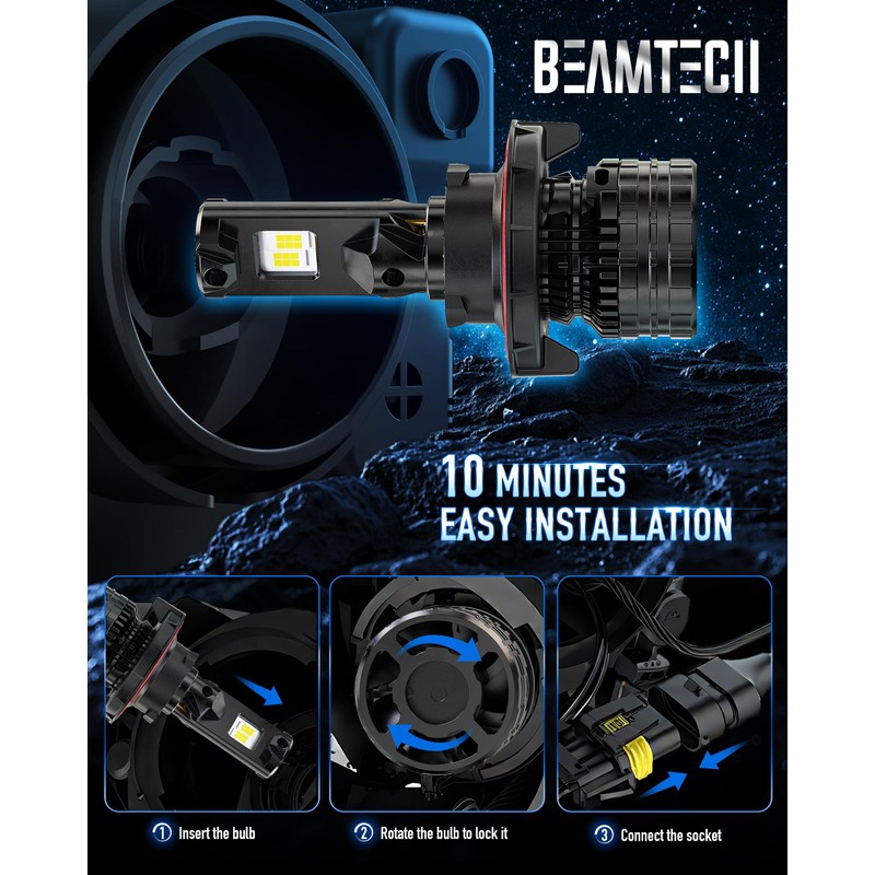 BEAMTECH H13/9008 Bulbs, 900% Brighter Canbus Ready 6500K White Light