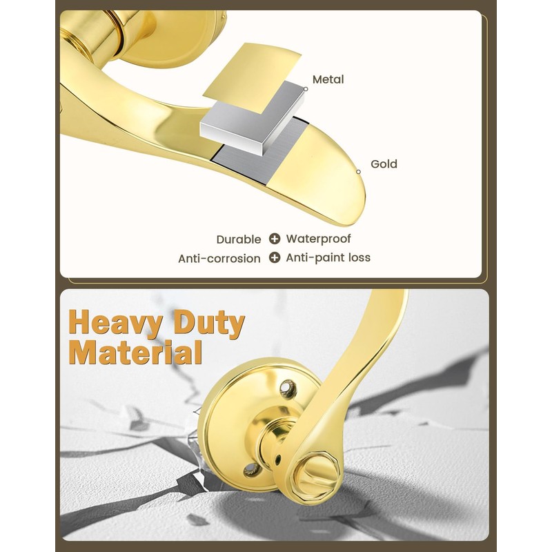 Gobrico--Polished Brass Door Handles Keyless Bedroom Bathroom Door Levers Drop/Wave