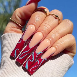 Press on Nails Long Coffin BAOYAALIN, Red Fake Nails with Design Gel Glue on Nails for Women Girls Full Cover Acrylic Artificial False Stick on Nail for Wedding 24Pcs in 12 Sizes