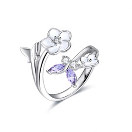 YFN Sterling Silver Butterfly Rings Cubic Zirconia Flower Adjuastable Band Jewelry for Women, Sterling Silver, no information